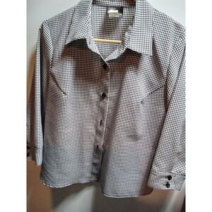 First Option Women's Top Black and White Check Button Closure 3/4 Sleeve fitted
